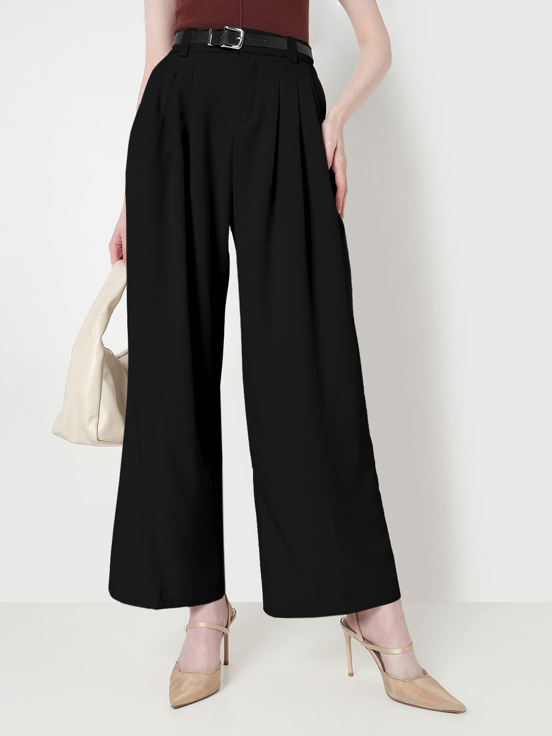 Women's Pleated Black High Waist Korean Pants with Belt