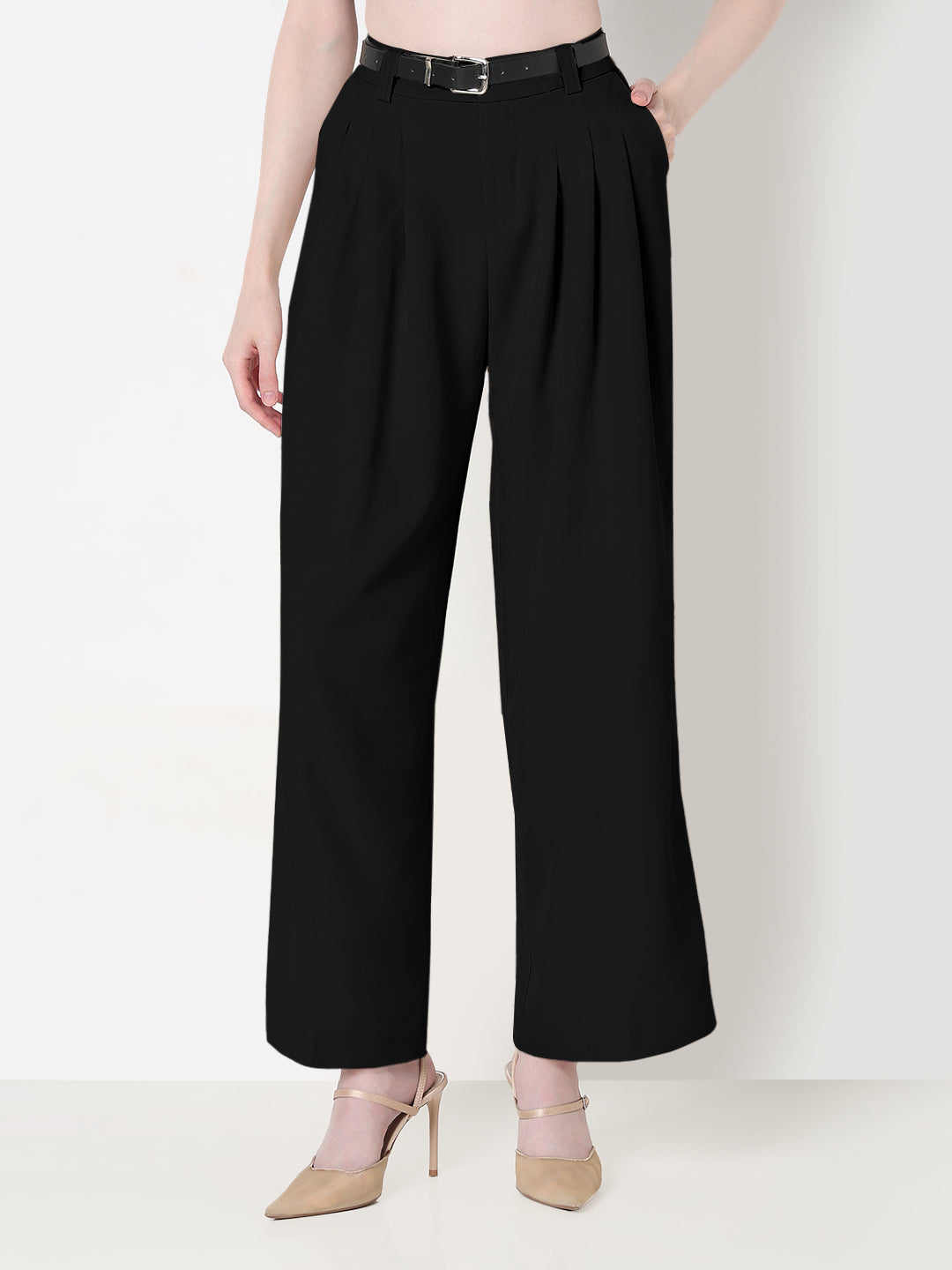 Women's Pleated Black High Waist Korean Pants with Belt