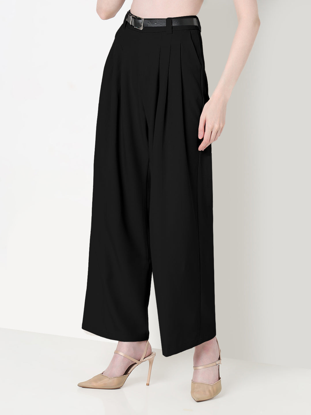 Women's Pleated Black High Waist Korean Pants with Belt