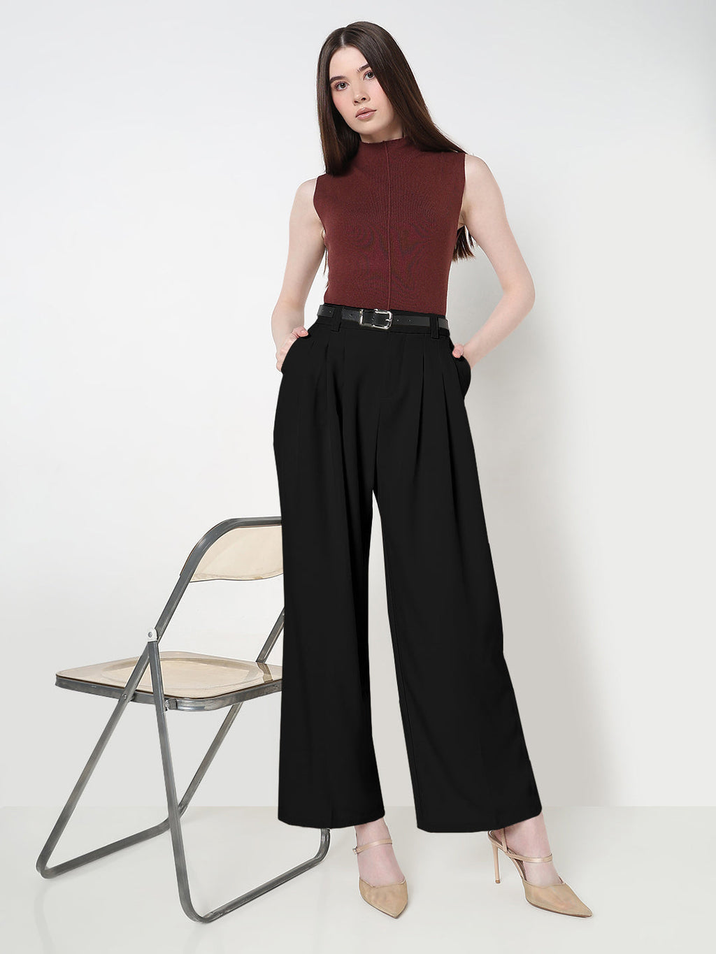 Women's Pleated Black High Waist Korean Pants with Belt