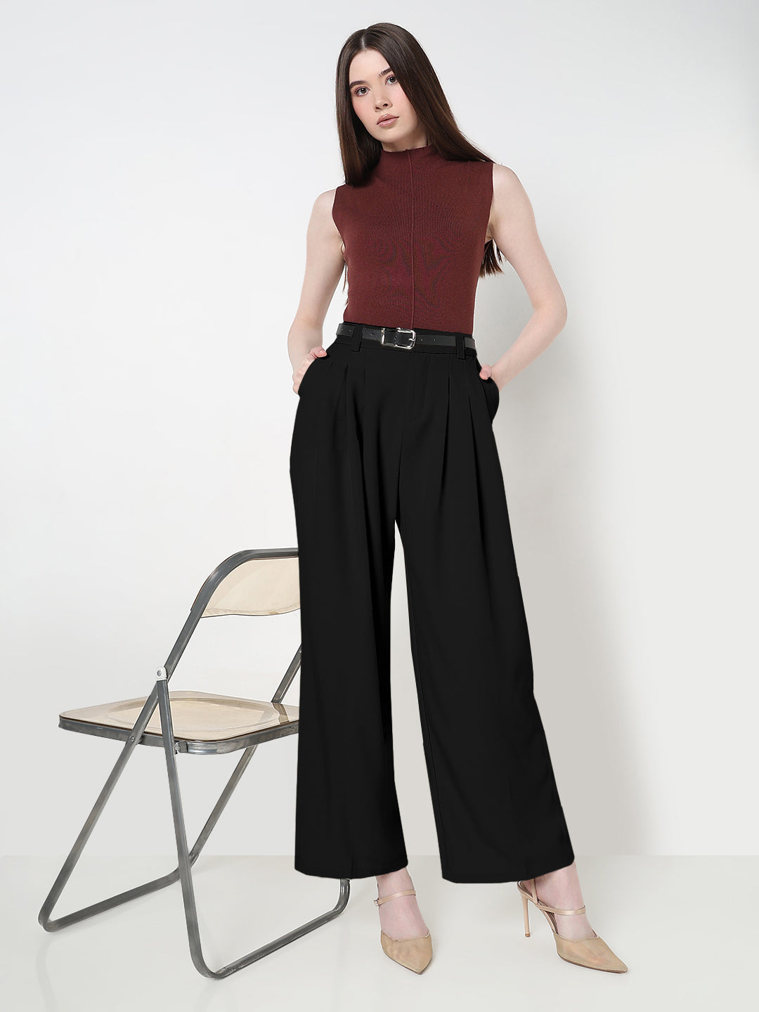 Women's Pleated Black High Waist Korean Pants with Belt