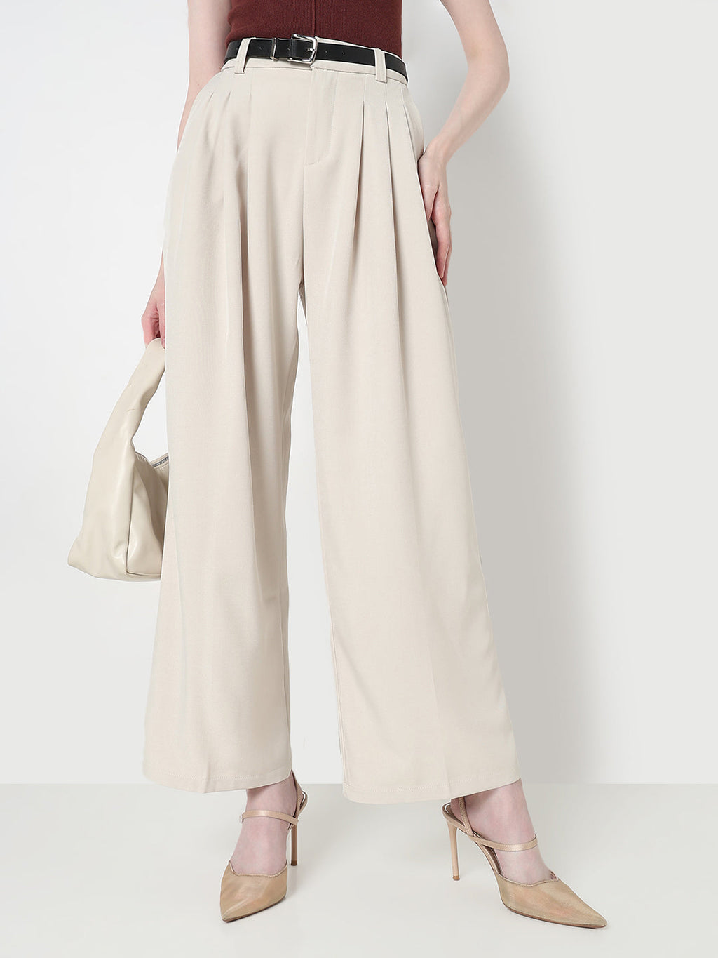 Women's Pleated Cream High Waist Korean Pants with Belt