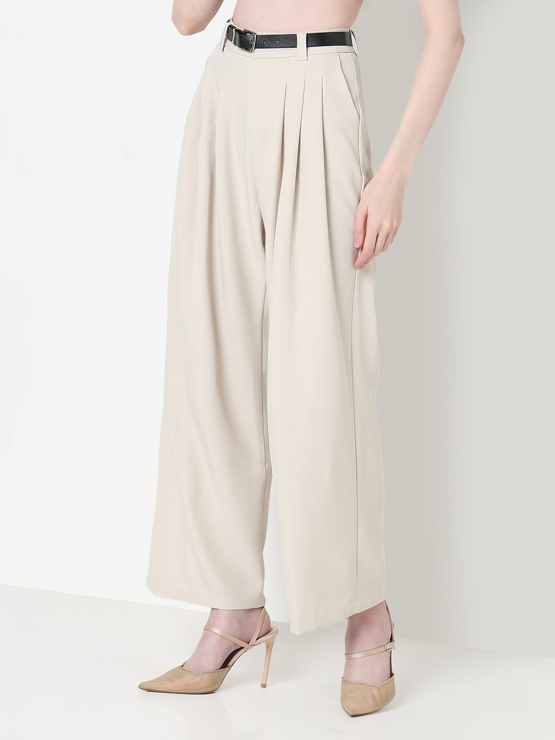 Women's Pleated Cream High Waist Korean Pants with Belt