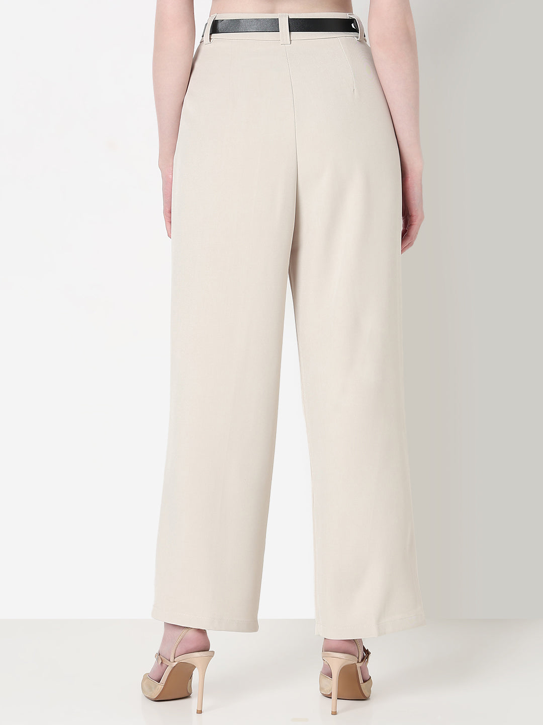 Women's Pleated Cream High Waist Korean Pants with Belt