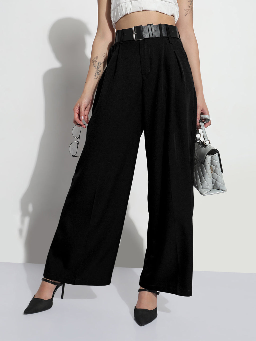 Women's Black Formal High Rise Wide Leg Korean Pants