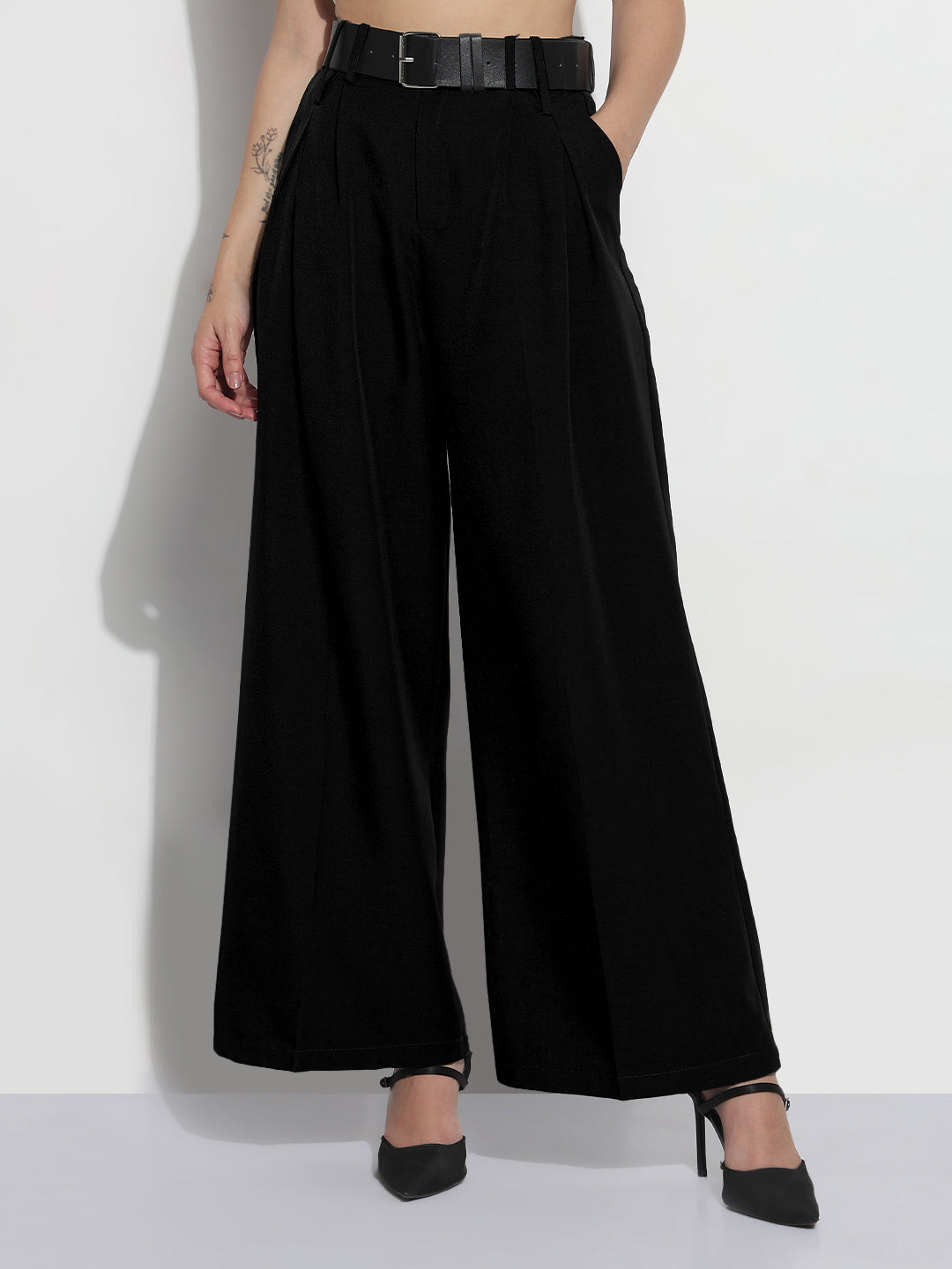 Women's Black Formal High Rise Wide Leg Korean Pants