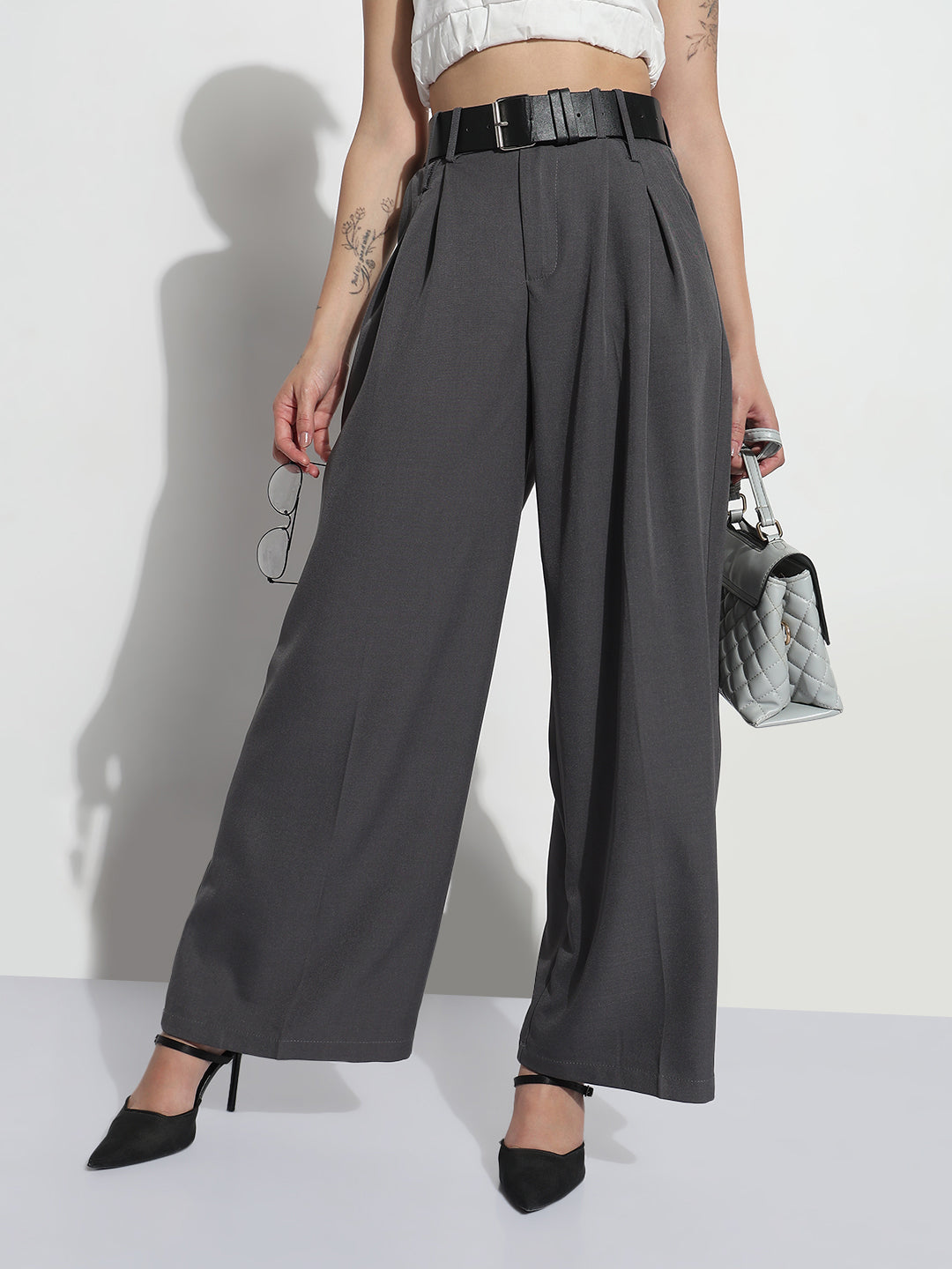 Women's Grey Formal High Rise Wide Leg Korean Pants
