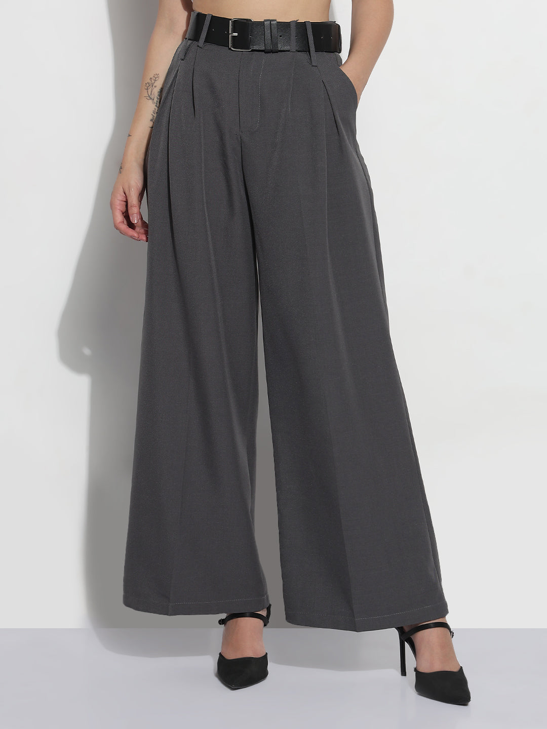 Women's Grey Formal High Rise Wide Leg Korean Pants