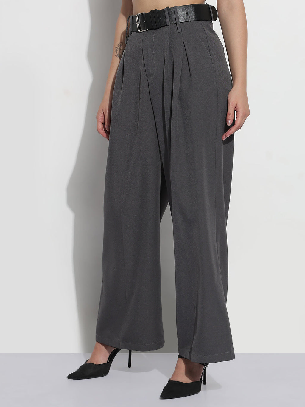 Women's Grey Formal High Rise Wide Leg Korean Pants