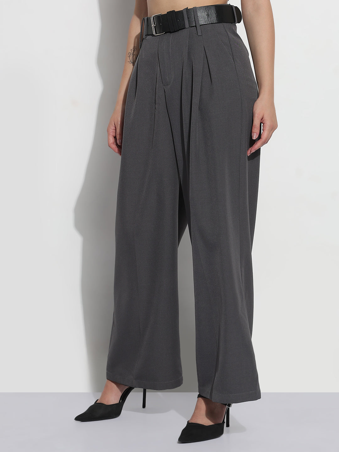 Women's Grey Formal High Rise Wide Leg Korean Pants
