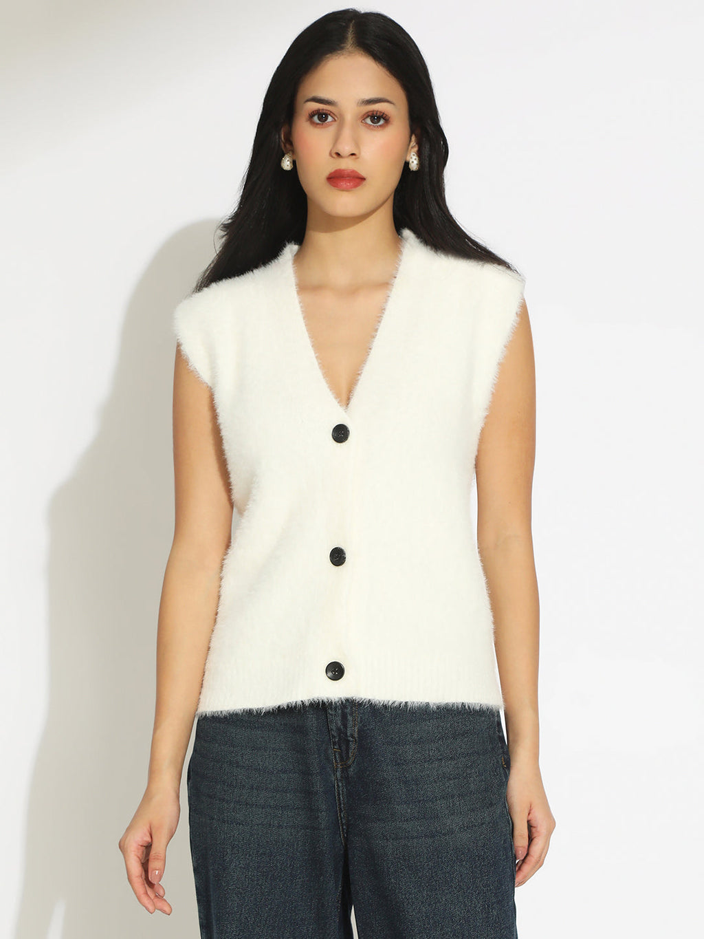 Women's Off White Textured Knit Vest Top