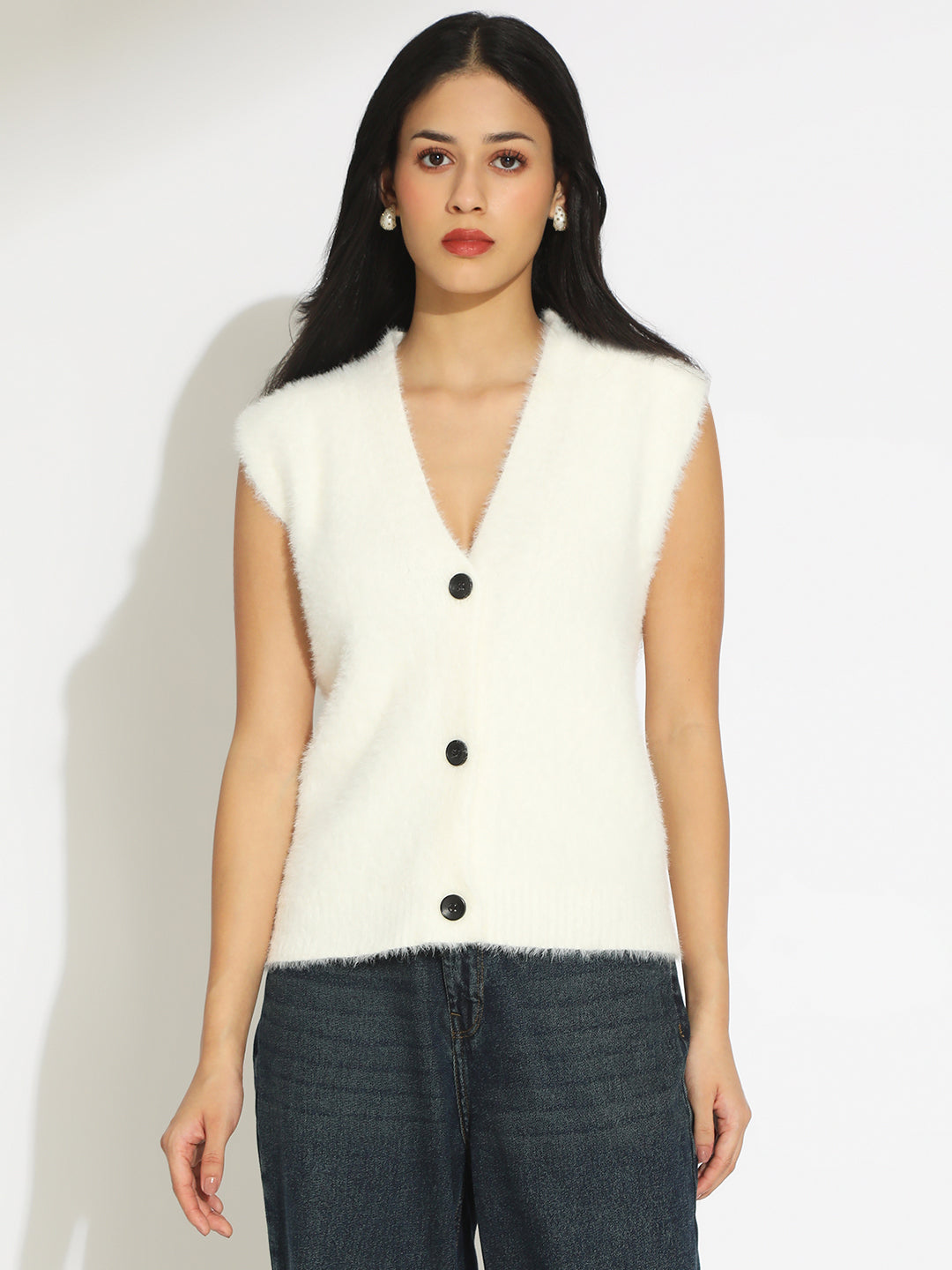 Women's Off White Textured Knit Vest Top