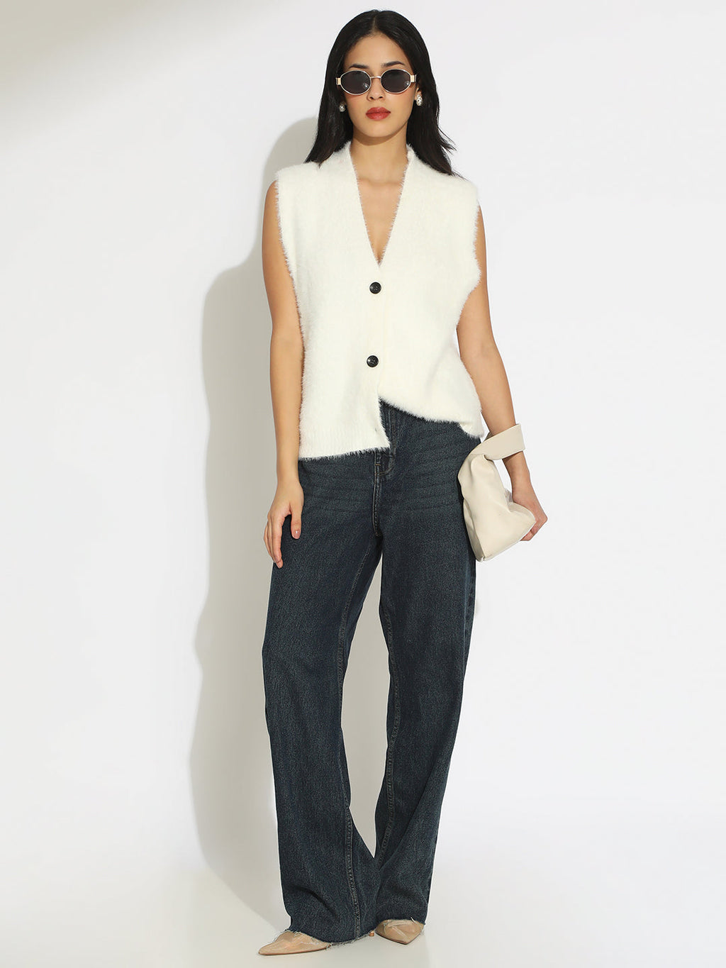 Women's Off White Textured Knit Vest Top