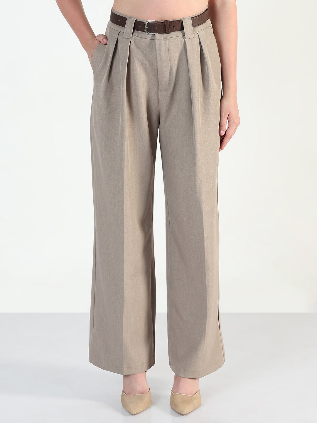 Women's Beige Loose Fit Trousers with Belt