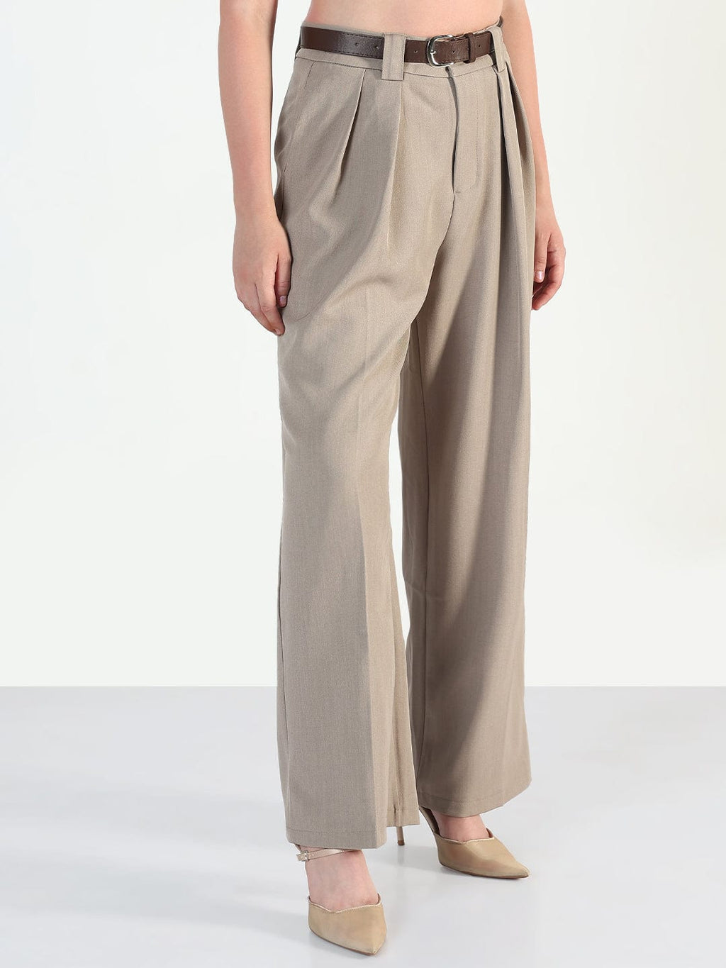 Women's Beige Loose Fit Trousers with Belt