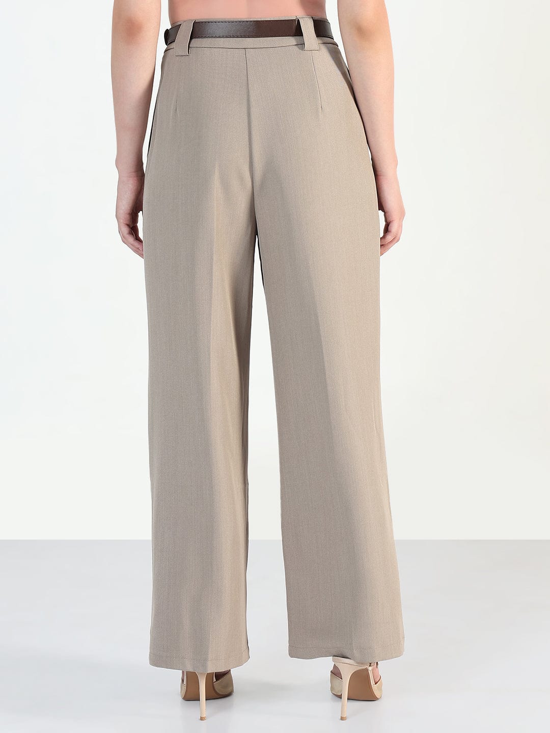 Women's Beige Loose Fit Trousers with Belt