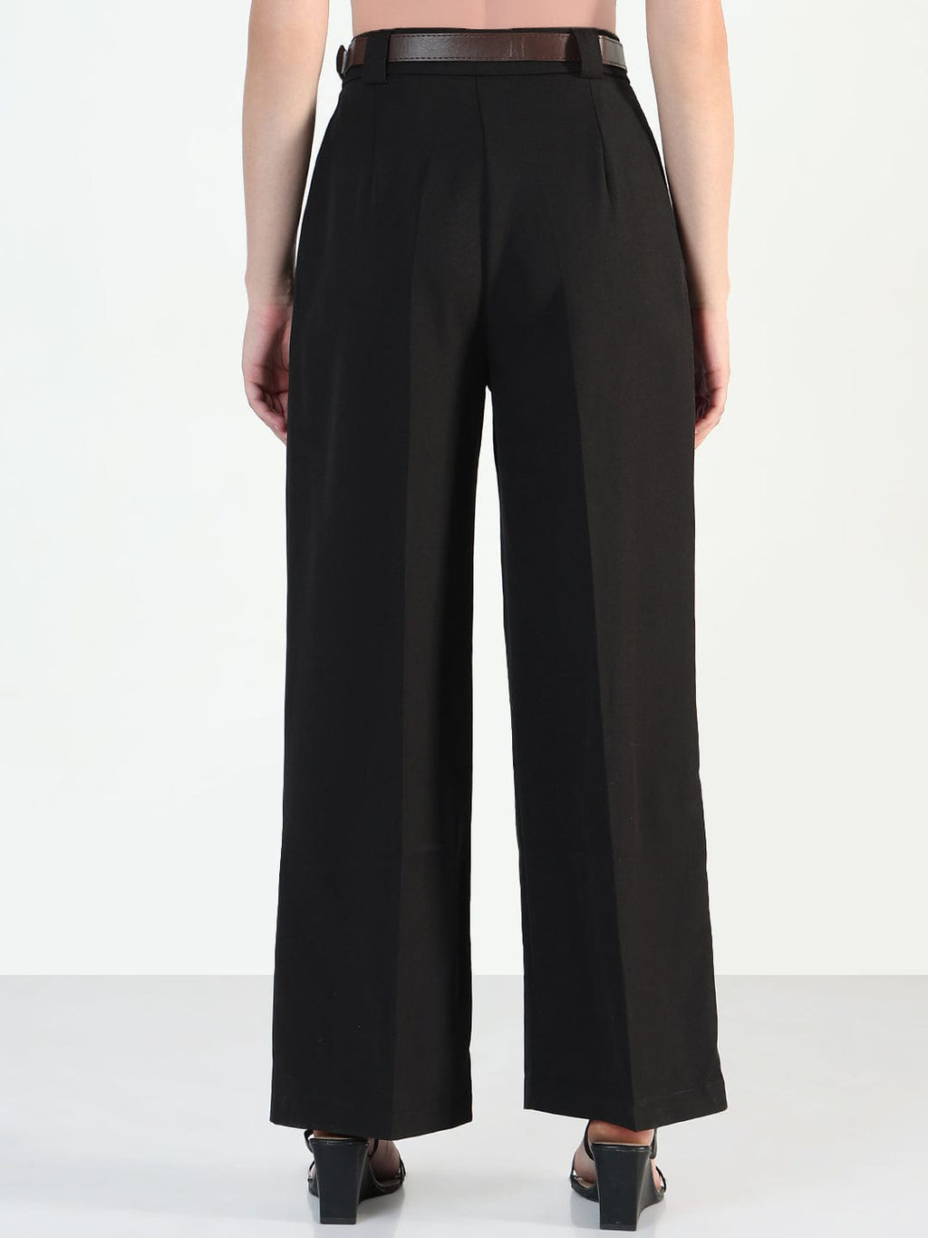 Women's Black Loose Fit Trousers with Belt