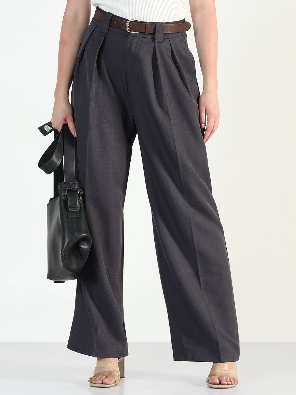 Women's Grey Loose Fit Trousers with Belt