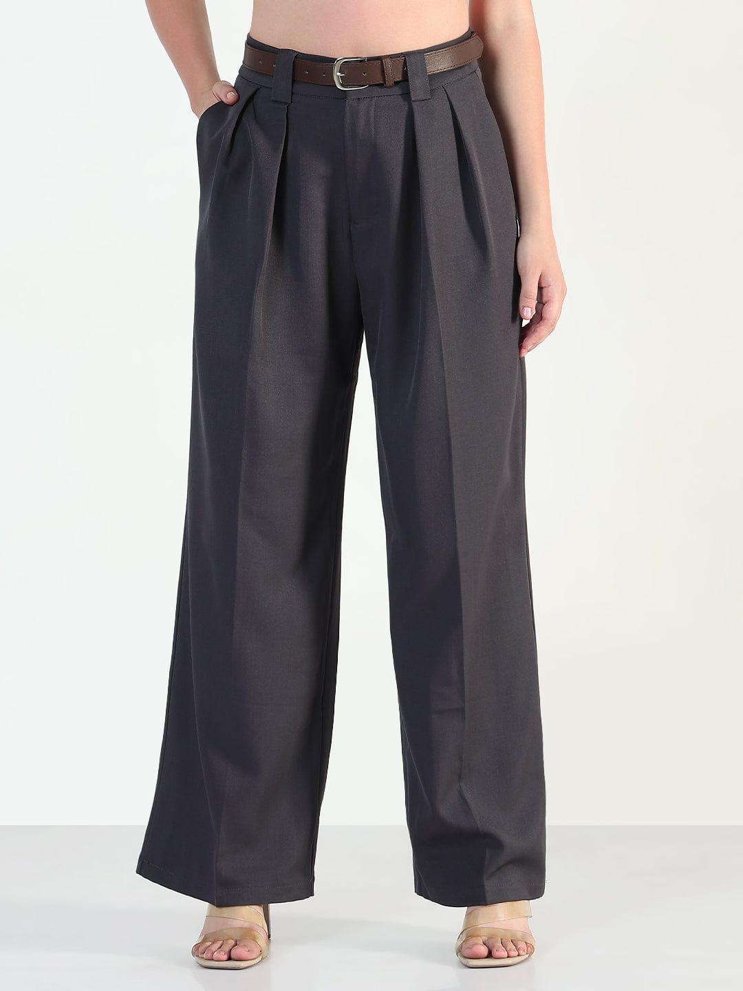 Women's Grey Loose Fit Trousers with Belt