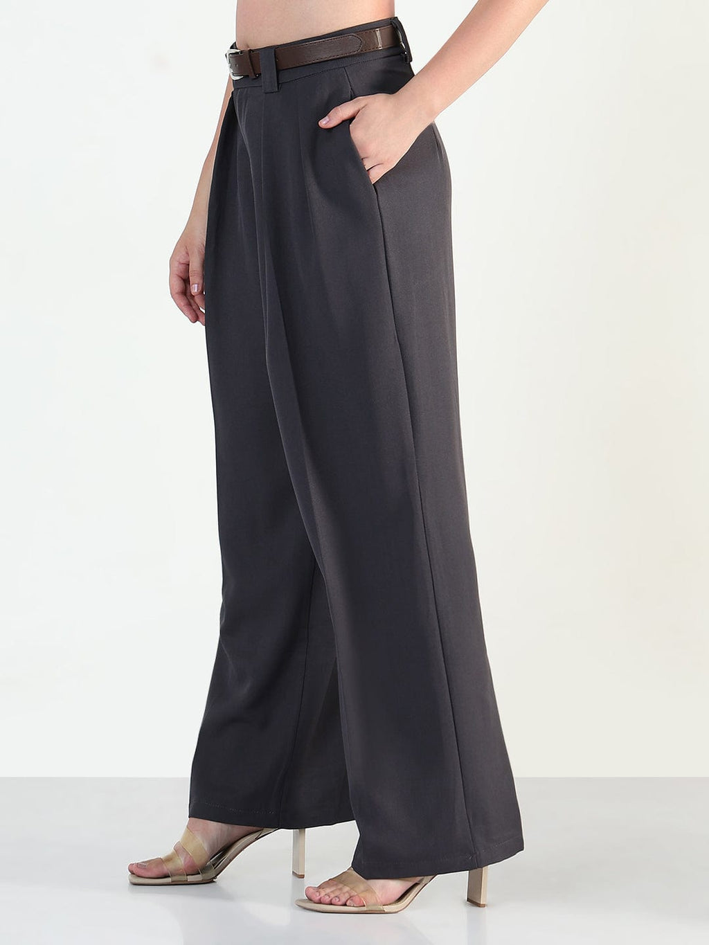Women's Grey Loose Fit Trousers with Belt