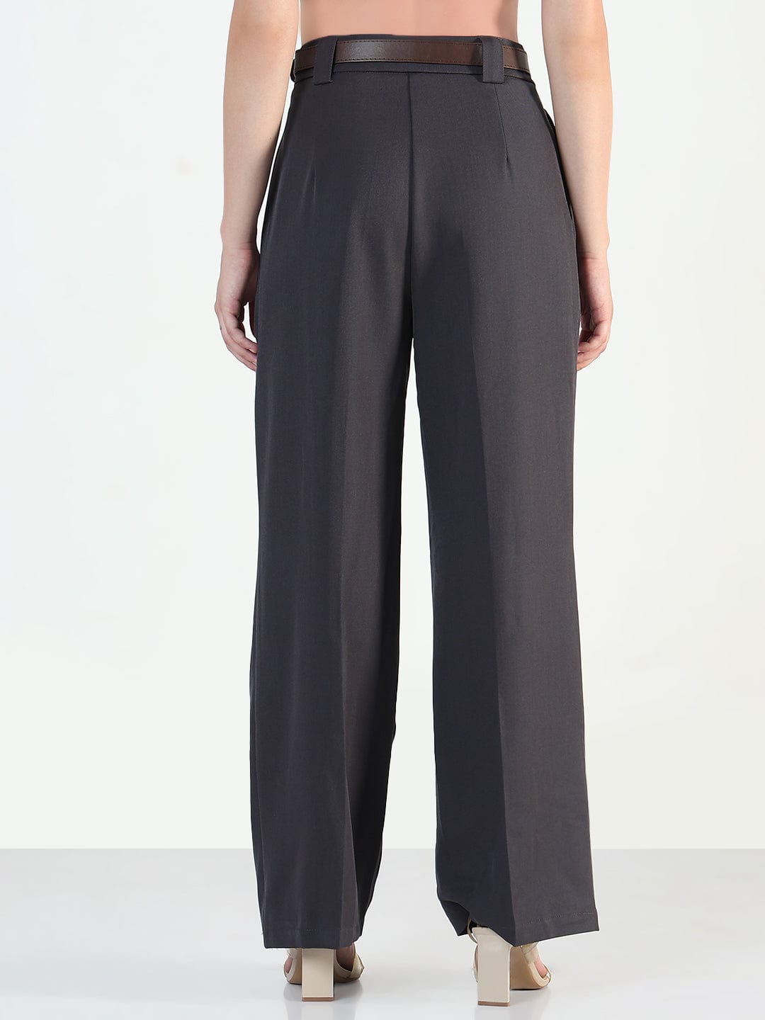 Women's Grey Loose Fit Trousers with Belt