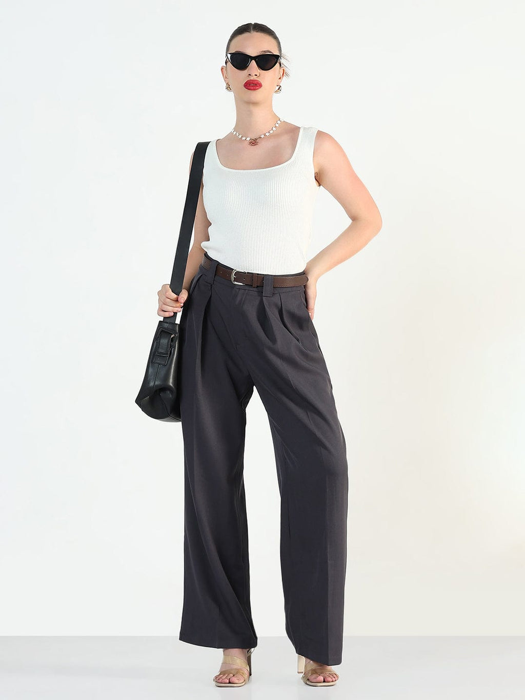 Women's Grey Loose Fit Trousers with Belt