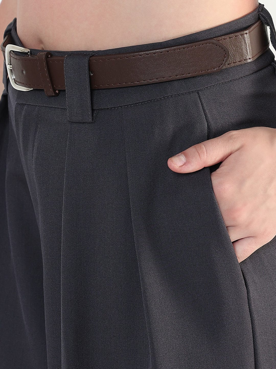 Women's Grey Loose Fit Trousers with Belt