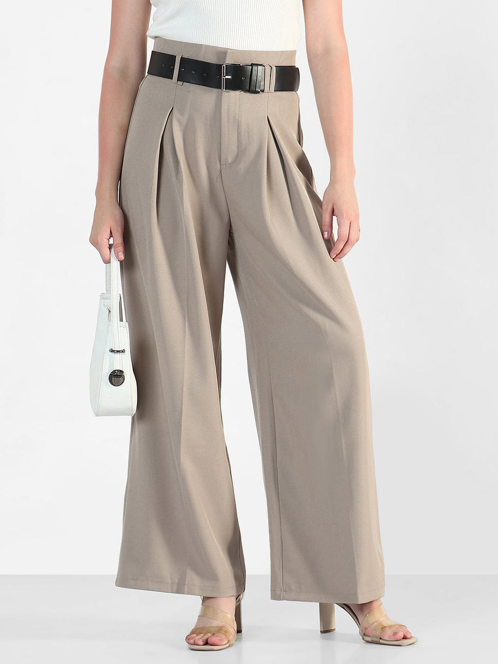 Women's Beige Loose Fit Trousers with Belt