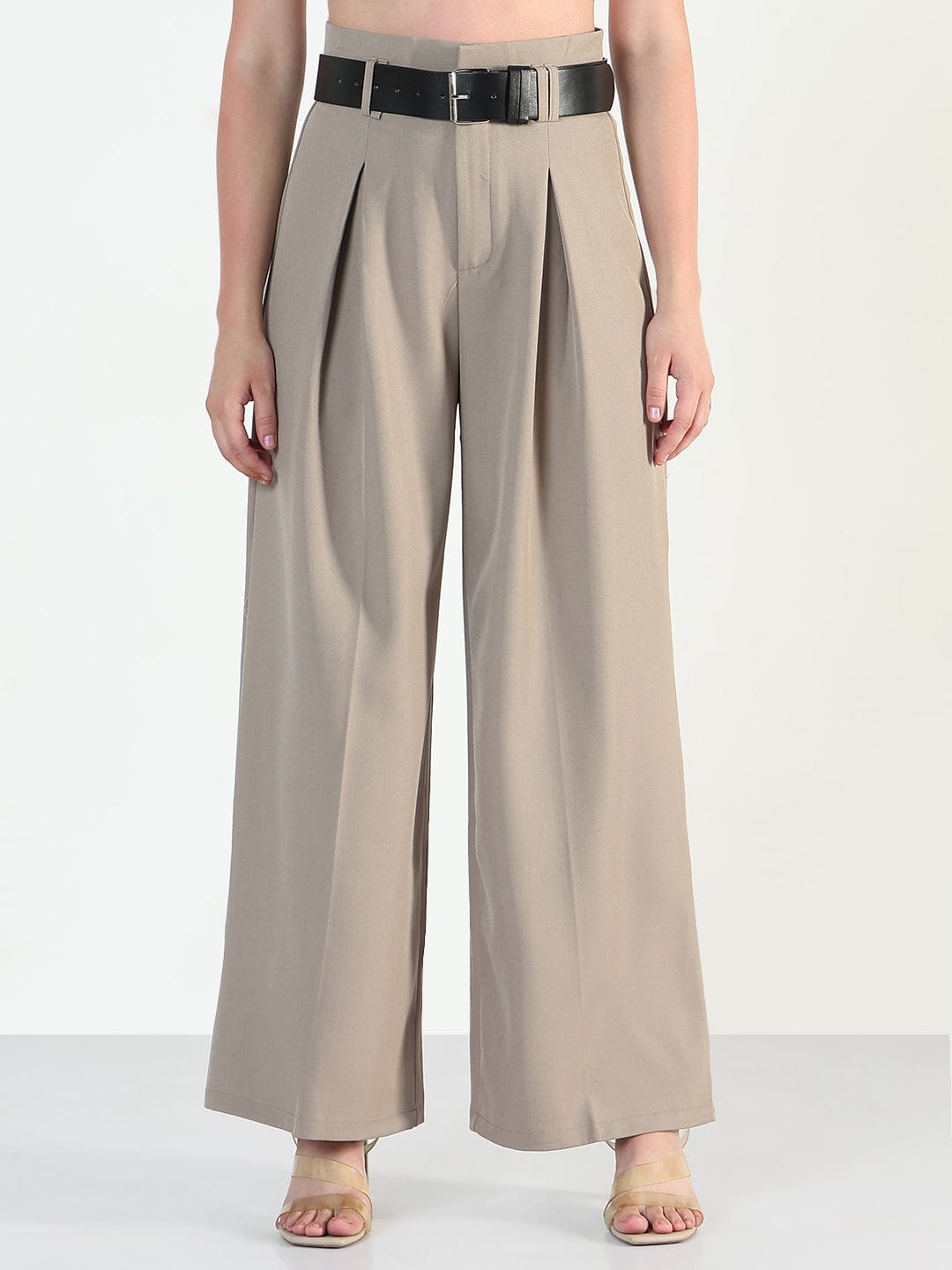Women's Beige Loose Fit Trousers with Belt