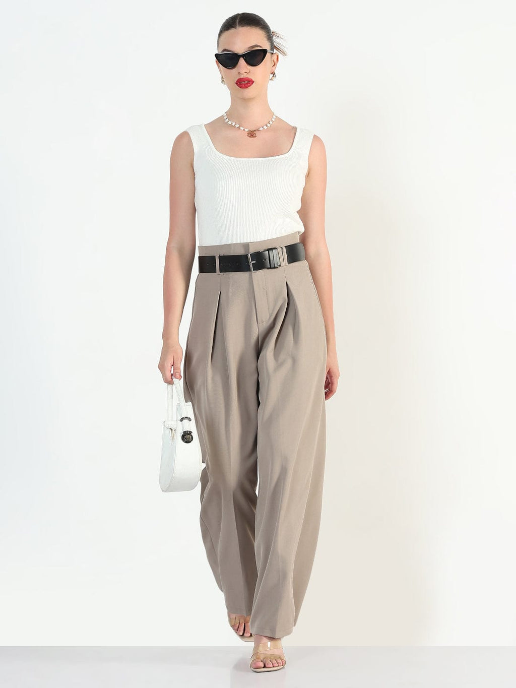 Women's Beige Loose Fit Trousers with Belt