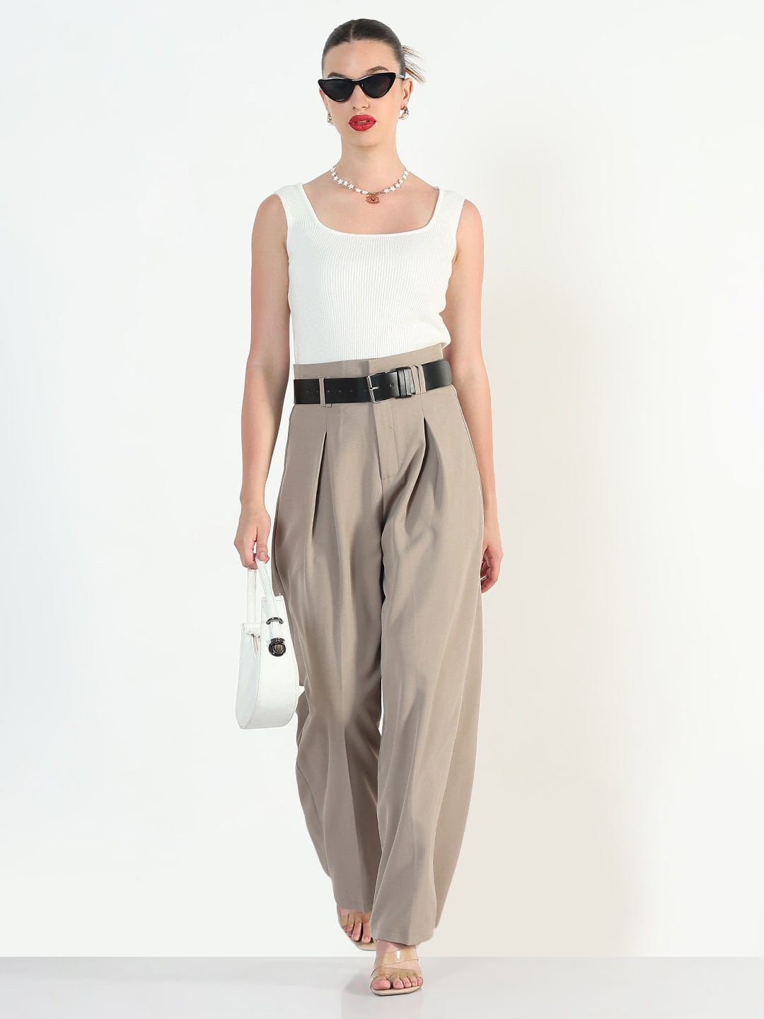 Women's Beige Loose Fit Trousers with Belt