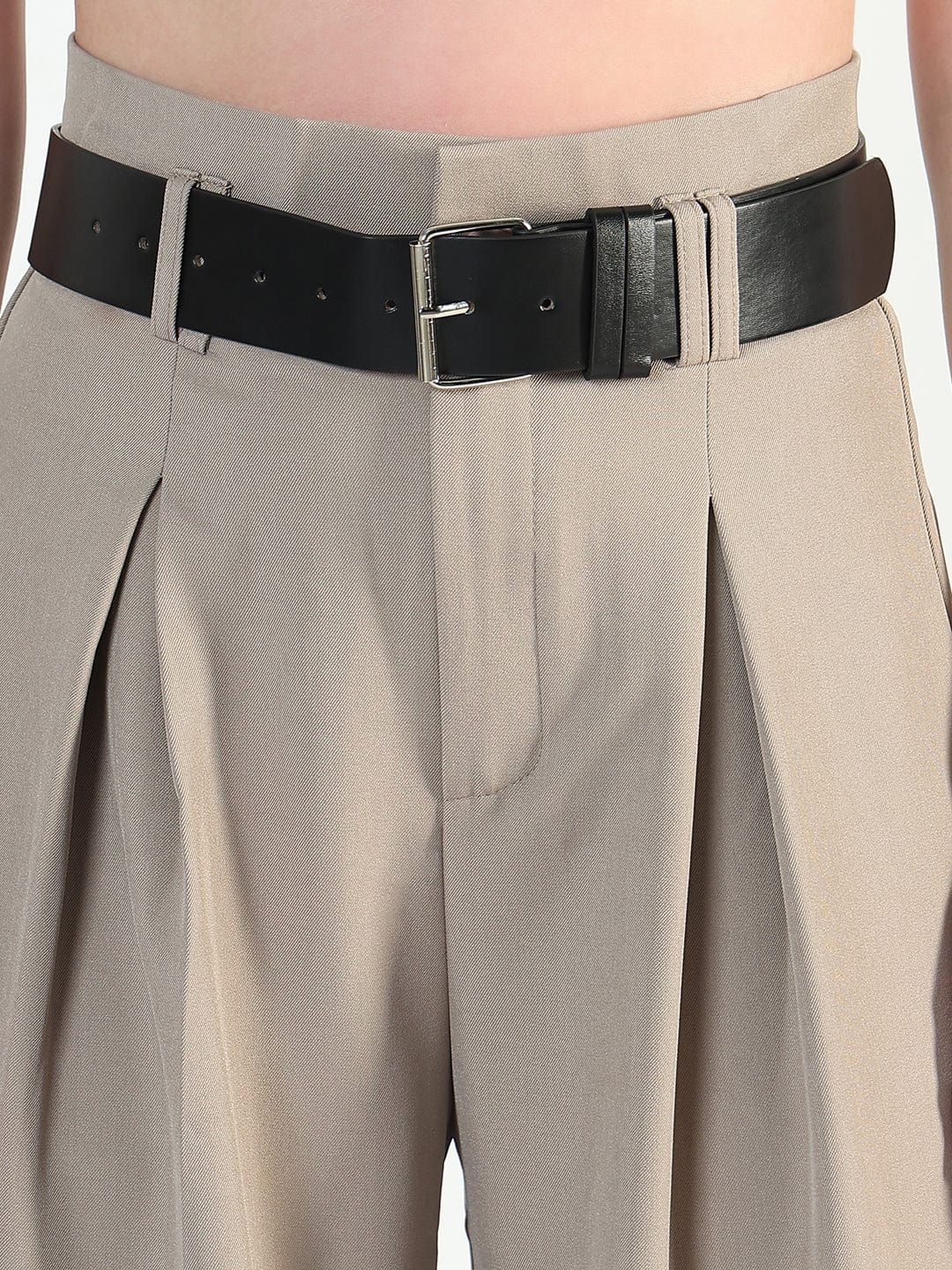 Women's Beige Loose Fit Trousers with Belt