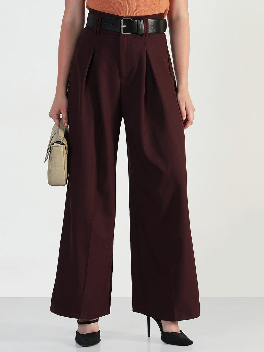 Women's Burgundy Loose Fit Trousers with Belt