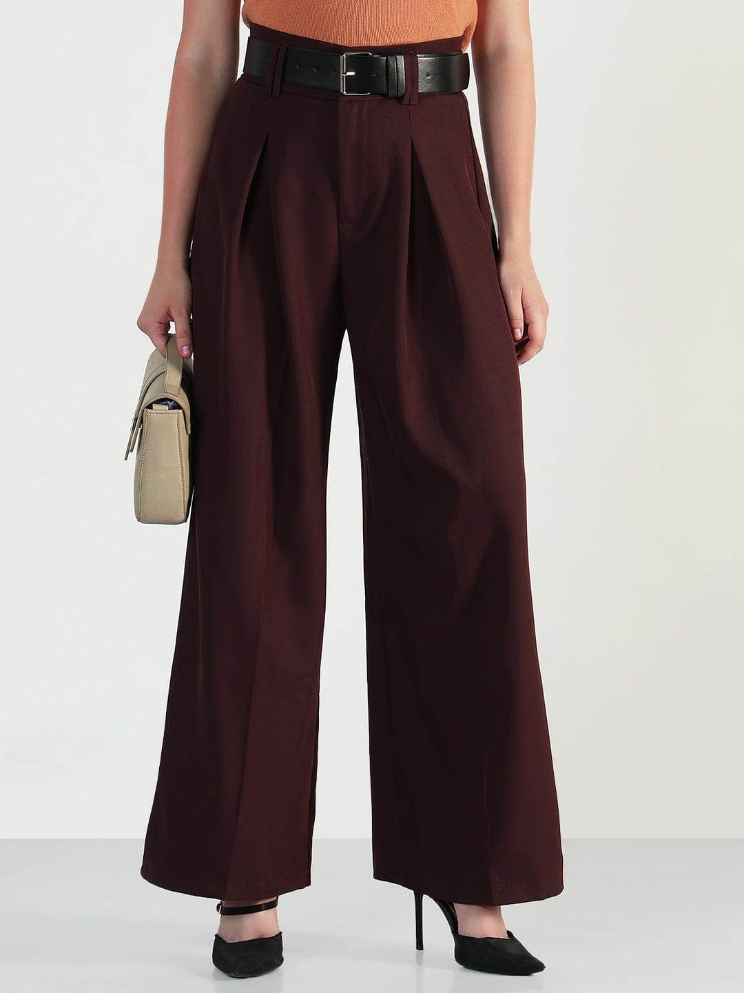 Women's Burgundy Loose Fit Trousers with Belt