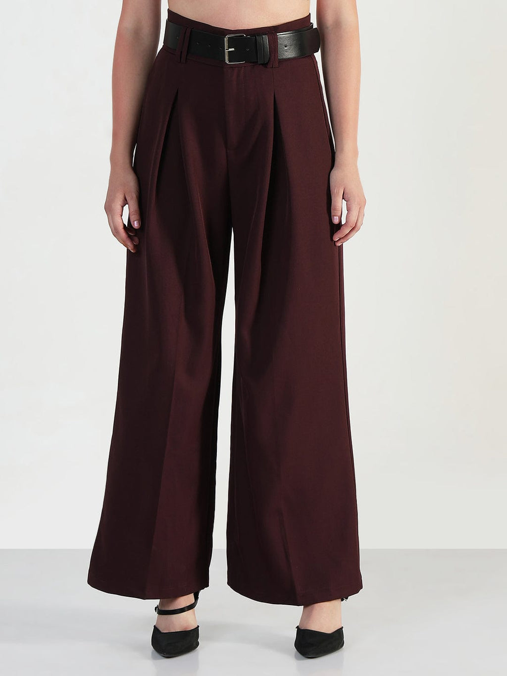 Women's Burgundy Loose Fit Trousers with Belt