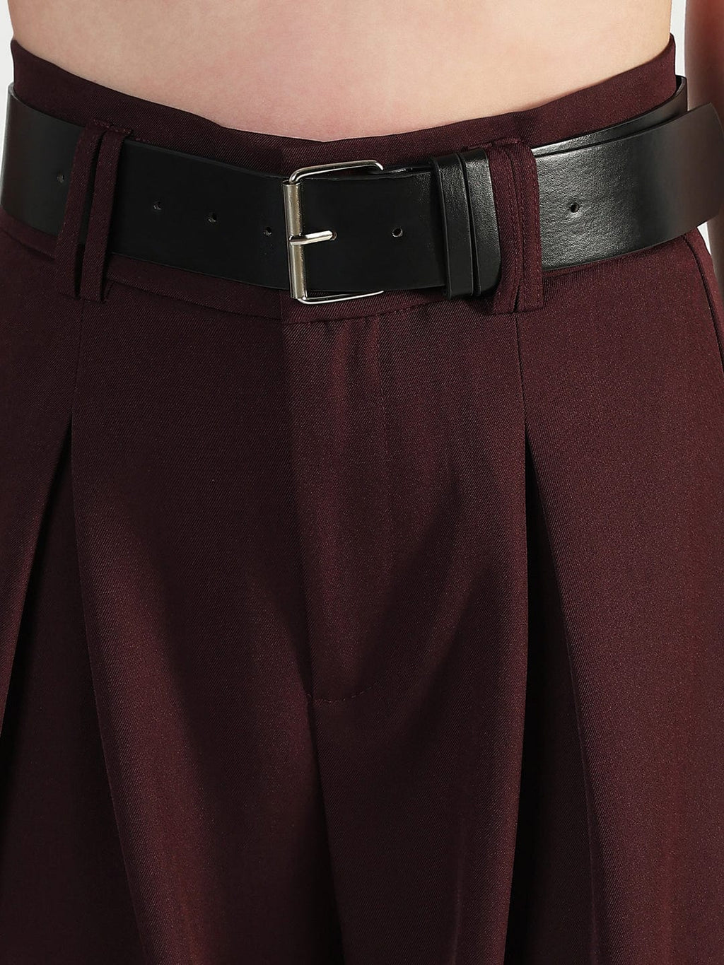 Women's Burgundy Loose Fit Trousers with Belt