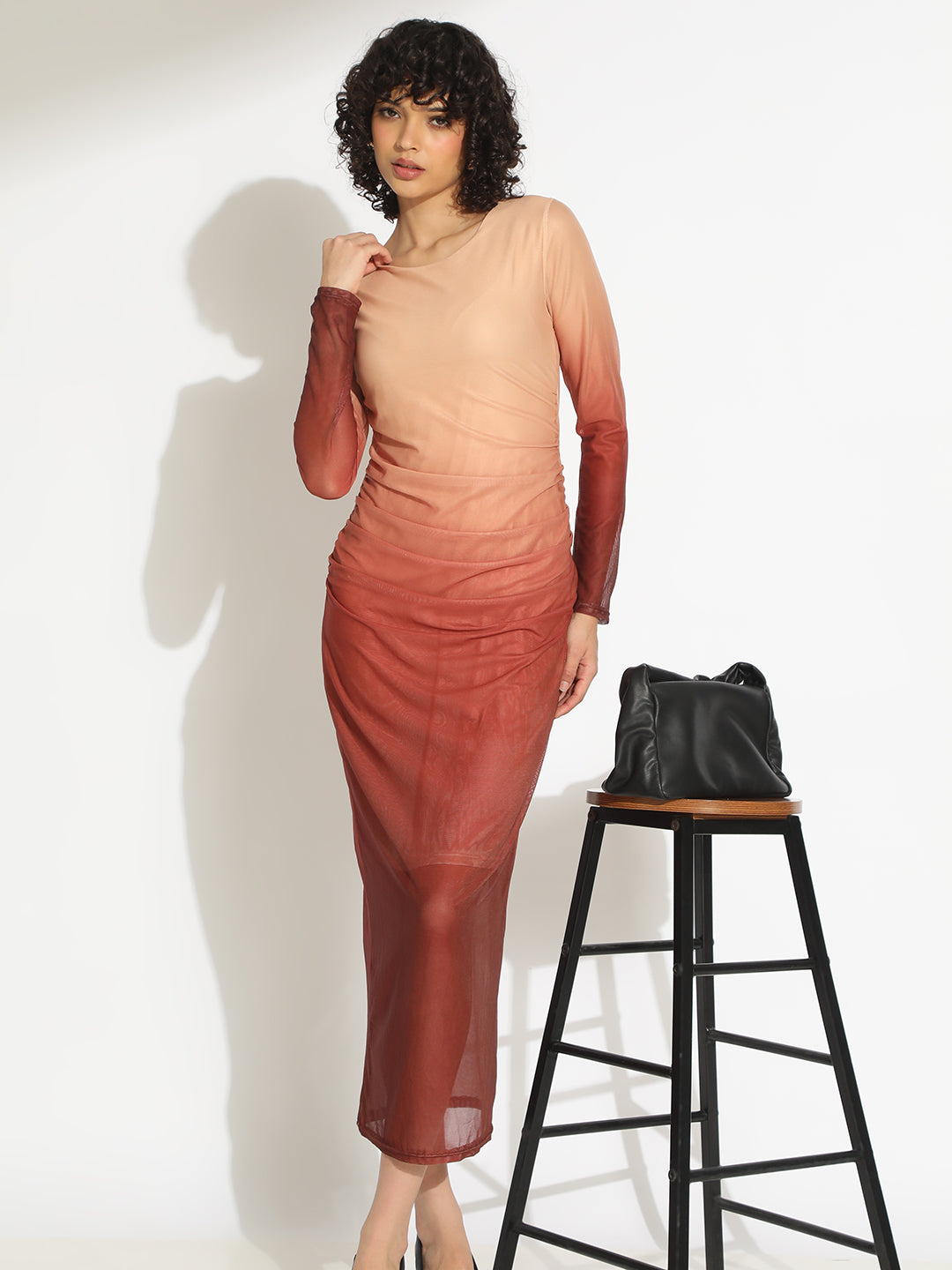 Women's Ombre Brown Full Sleeve Bodycon Midi Dress