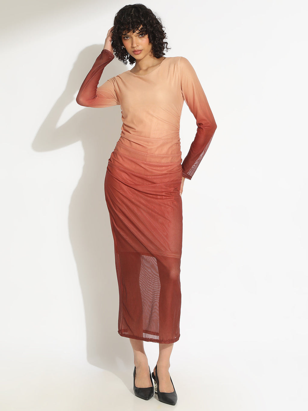 Women's Ombre Brown Full Sleeve Bodycon Midi Dress