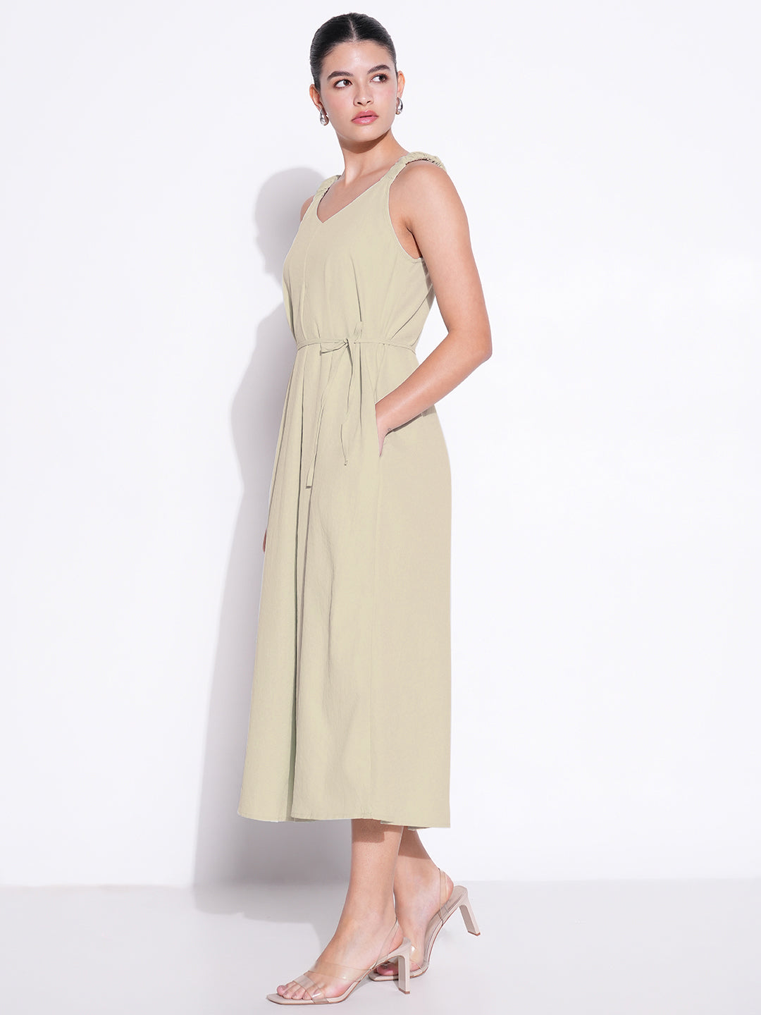 Women's Beige Solid Fit and Flare Dress