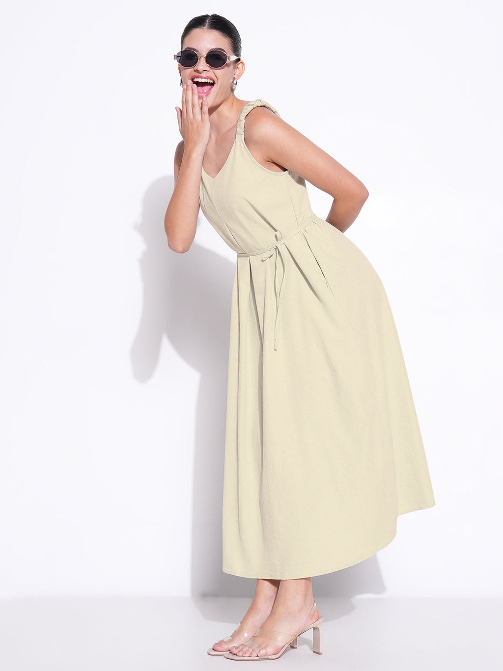Women's Beige Solid Fit and Flare Dress