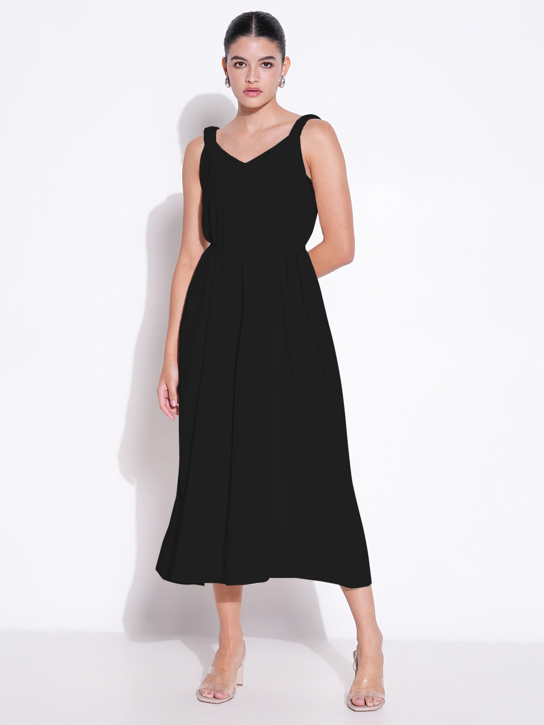 Women's Black Solid Fit and Flare Dress