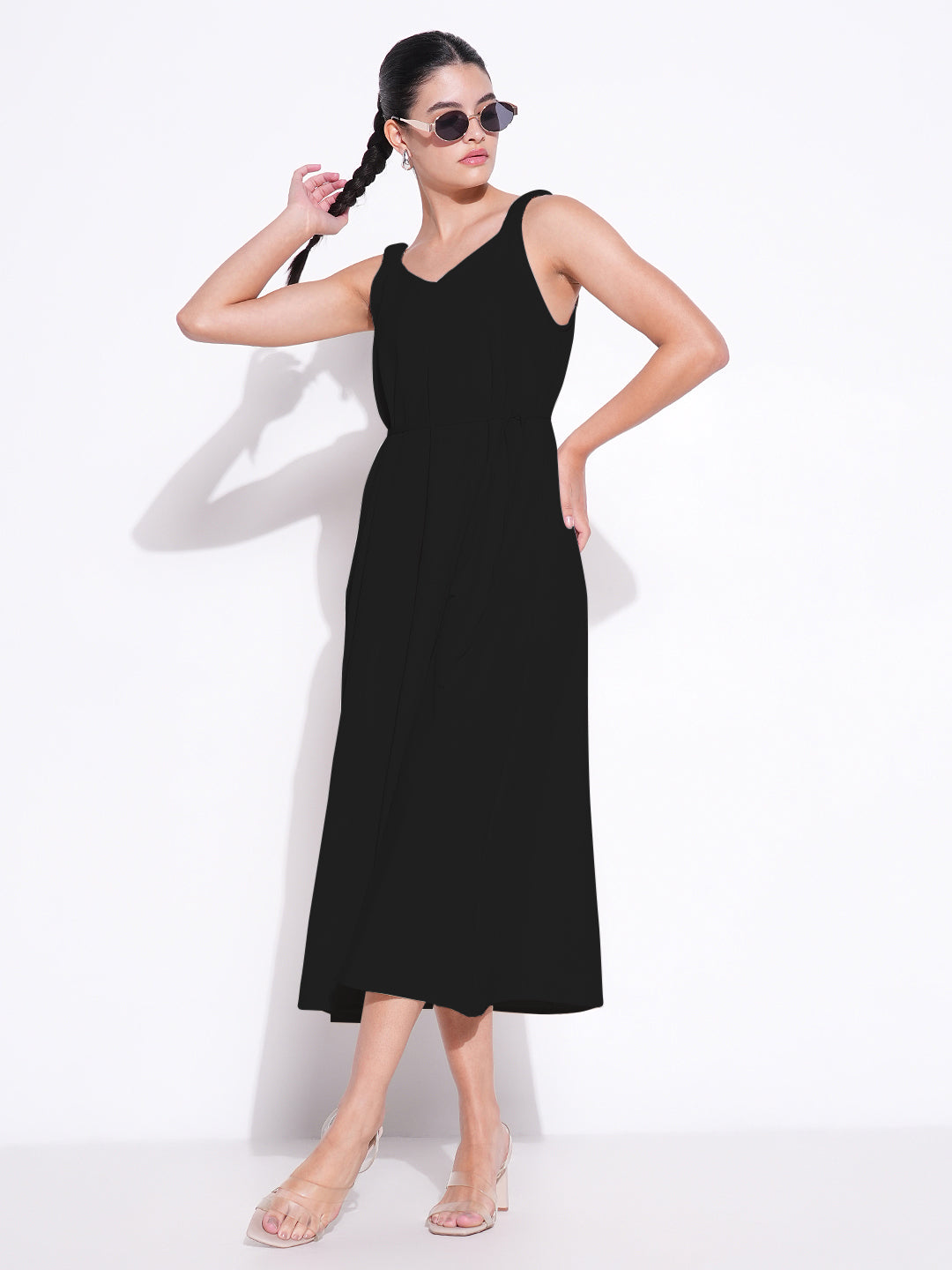 Women's Black Solid Fit and Flare Dress