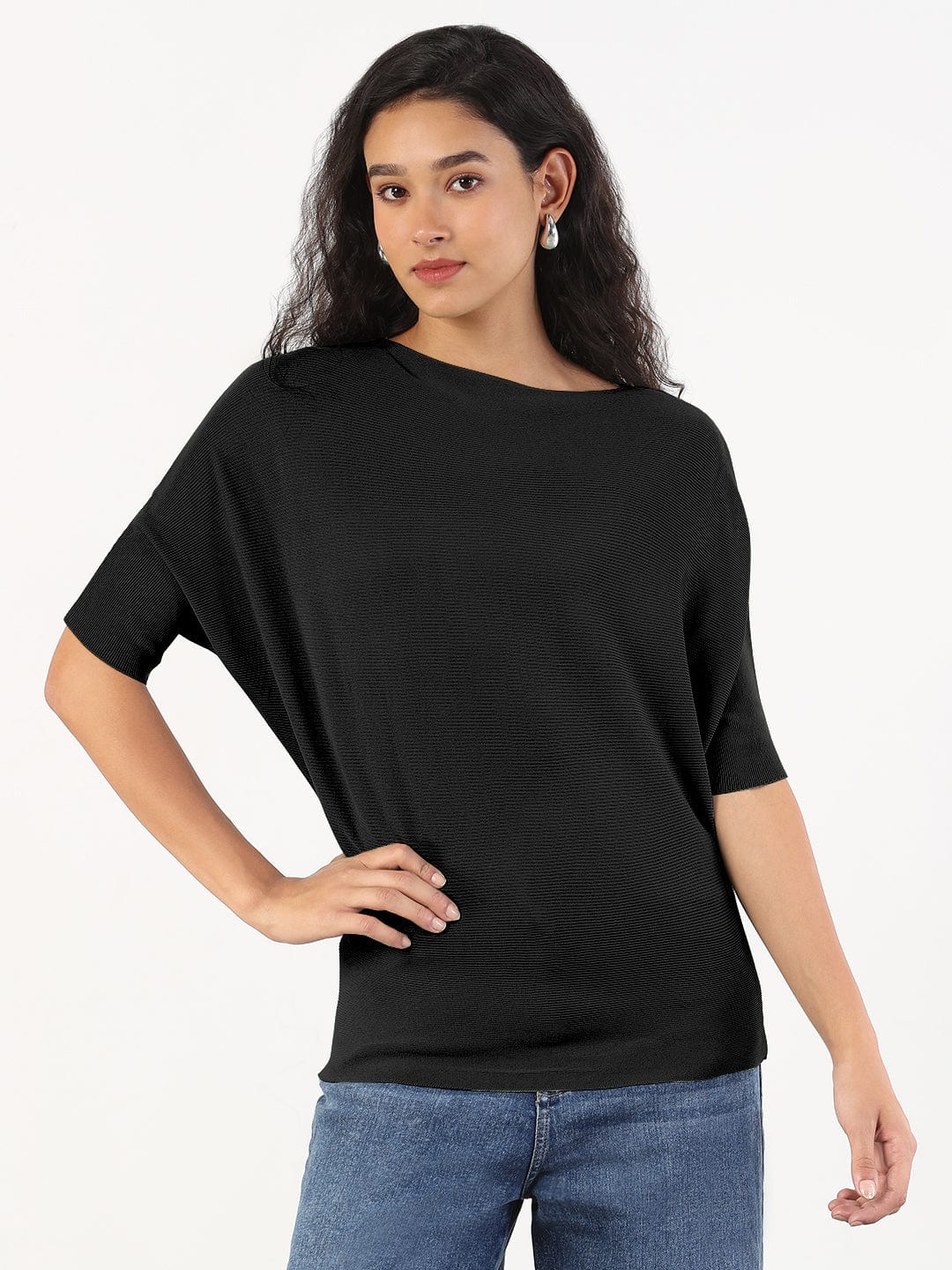 Women's Black Boat Neck Top