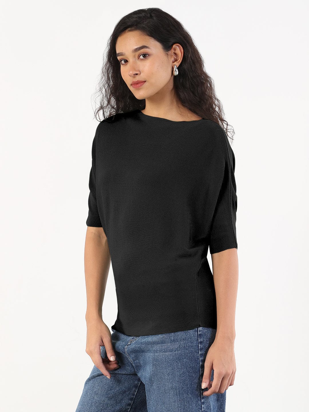 Women's Black Boat Neck Top