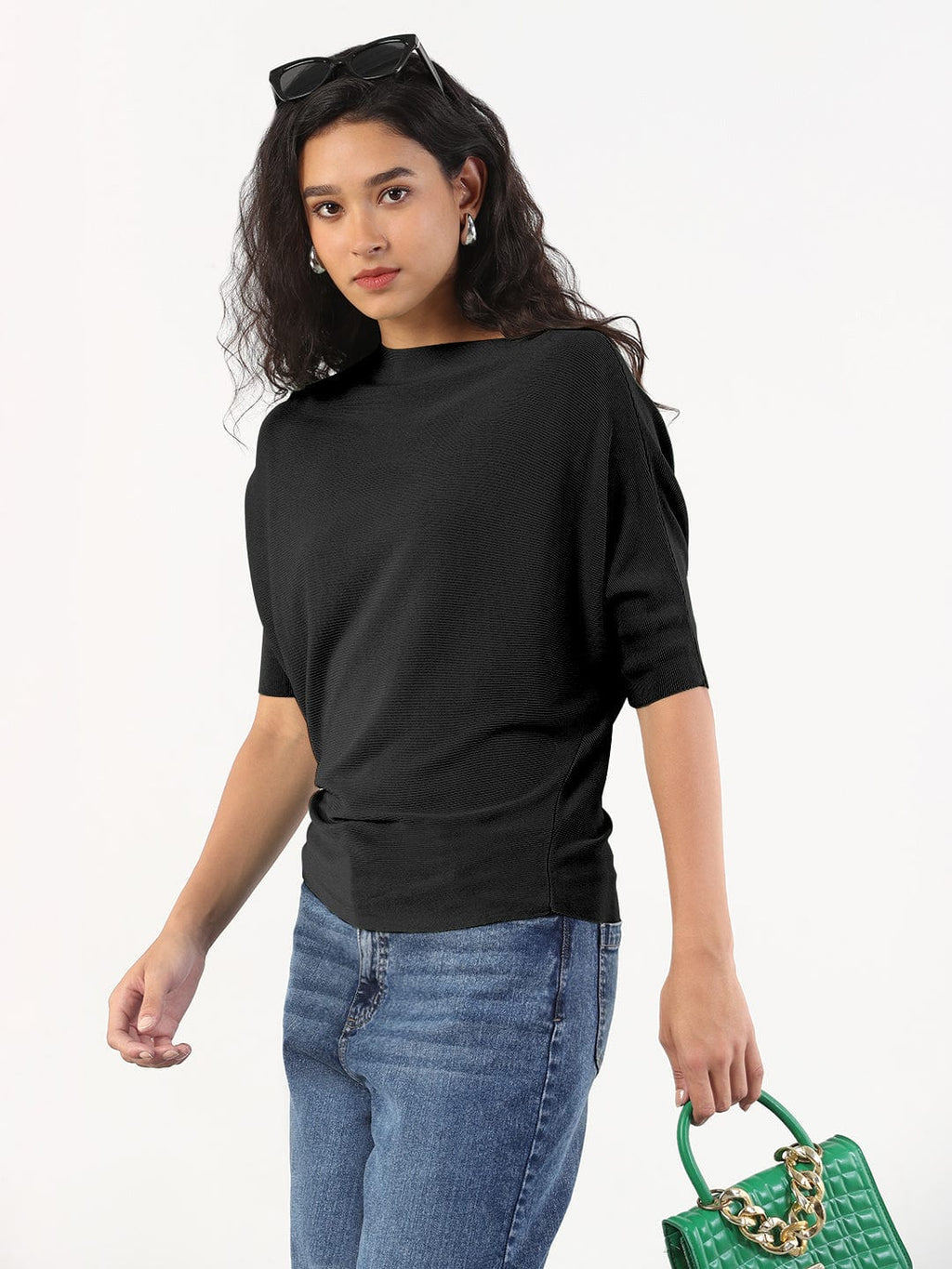 Women's Black Boat Neck Top