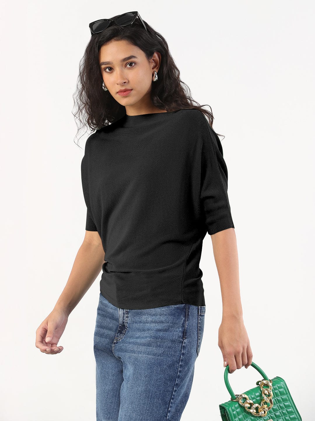 Women's Black Boat Neck Top