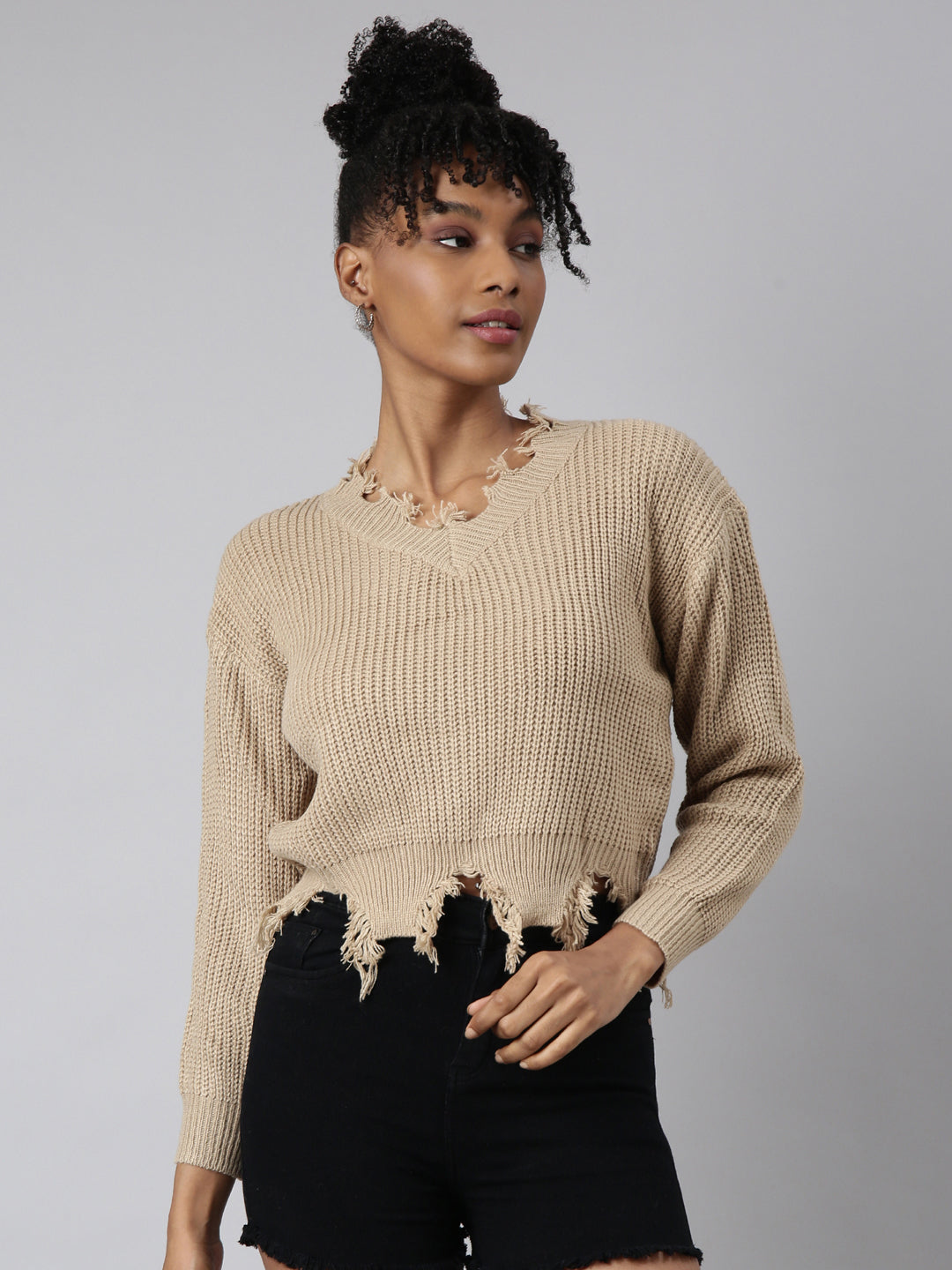 Women's Beige V-Neck Fringed Long Sleeves Boxy Top