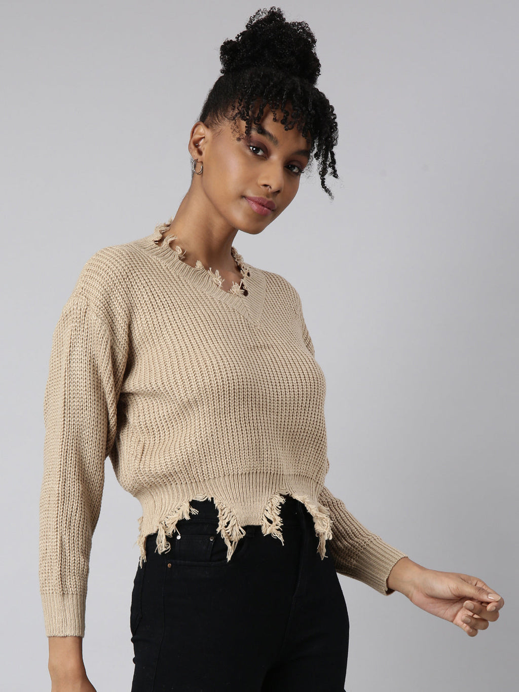 Women's Beige V-Neck Fringed Long Sleeves Boxy Top