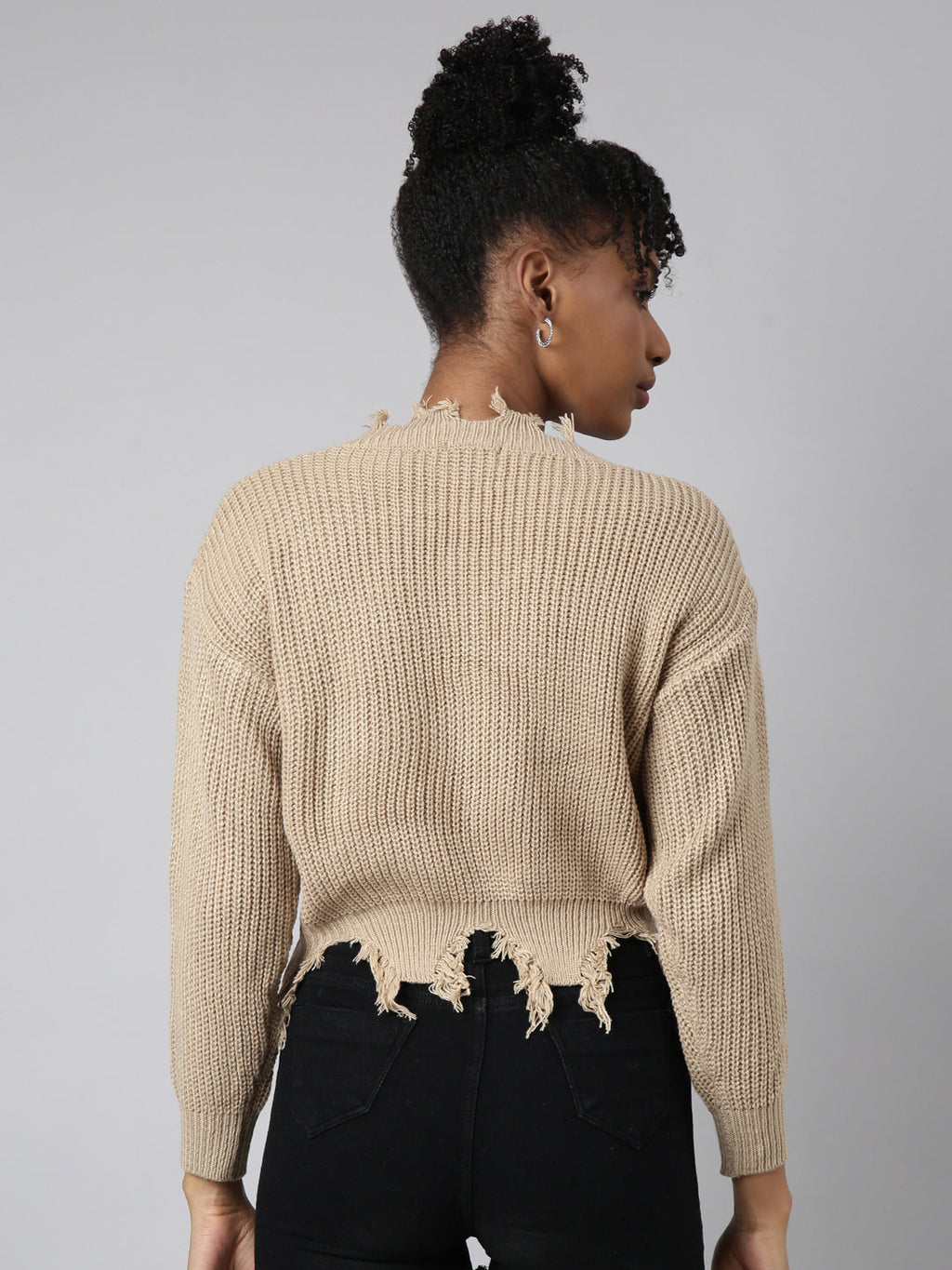 Women's Beige V-Neck Fringed Long Sleeves Boxy Top