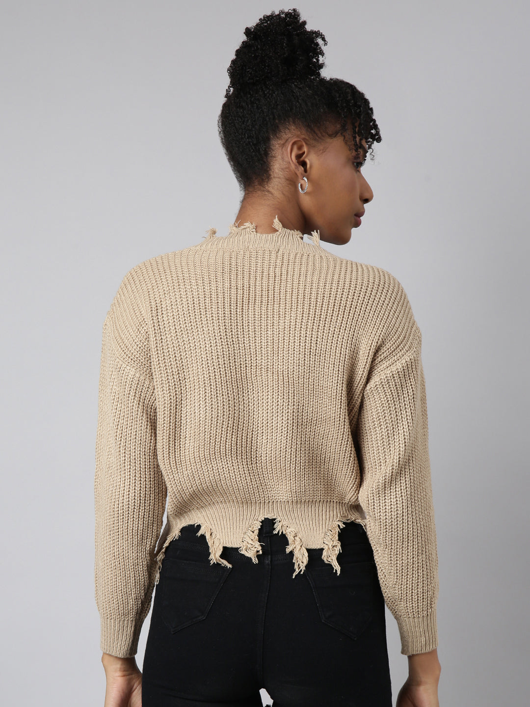 Women's Beige V-Neck Fringed Long Sleeves Boxy Top